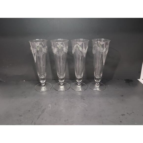 Chintz Etched Pilsner‎ Glasses Set of 4, 10 oz Footed Glasses, Vintage Glassware - Picture 3 of 10
